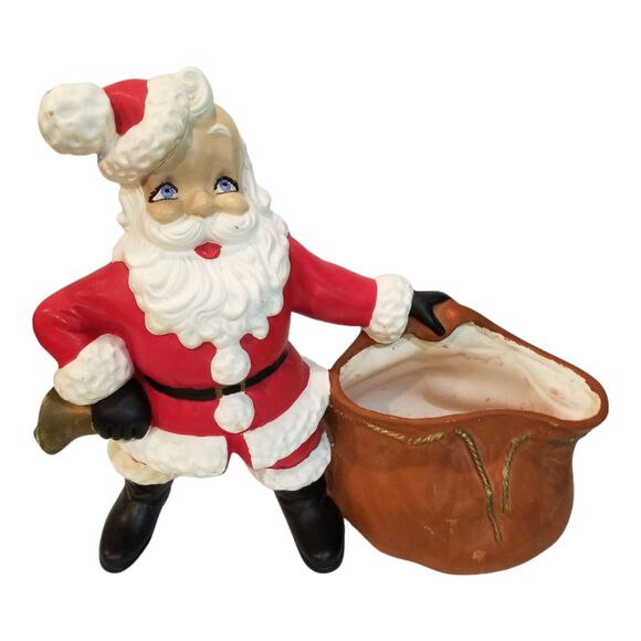 Vintage Atlantic Mold Ceramic Christmas Santa Planter Candy Cane Holder Red Bell - Picture 1 of 8